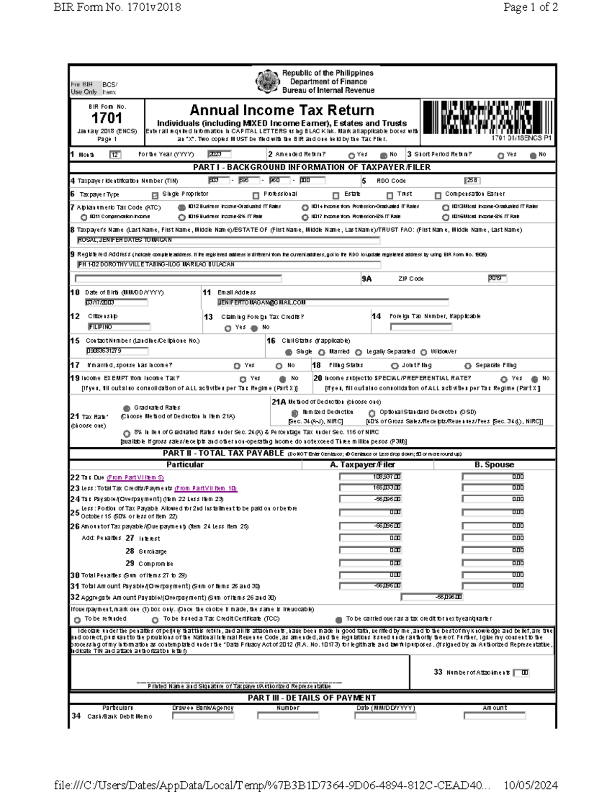 1701- page 1 - BIR Form No. 1701 January 2018 (ENCS) Page 1 Annual ...