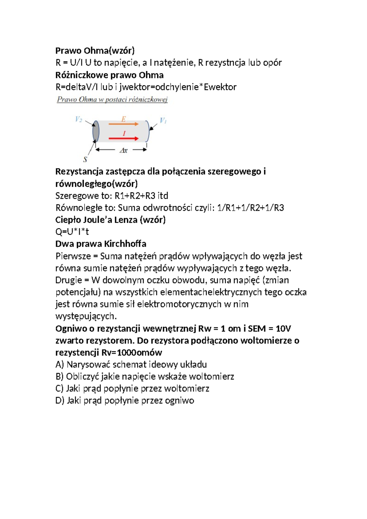 Prawo-Ohma - Streszczenie Fizyka I - Prawo Ohma(wzór) R = U/I U to