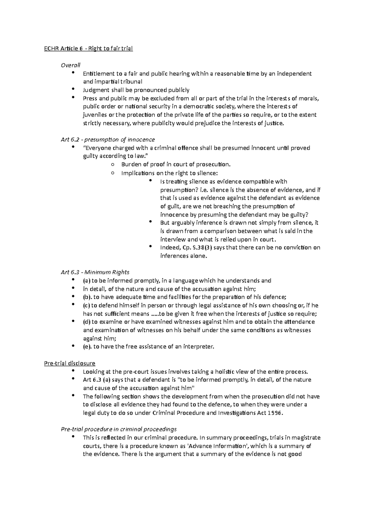 LA373 Trial Notes - ECHR Article 6 - Right to fair trial Overall ...