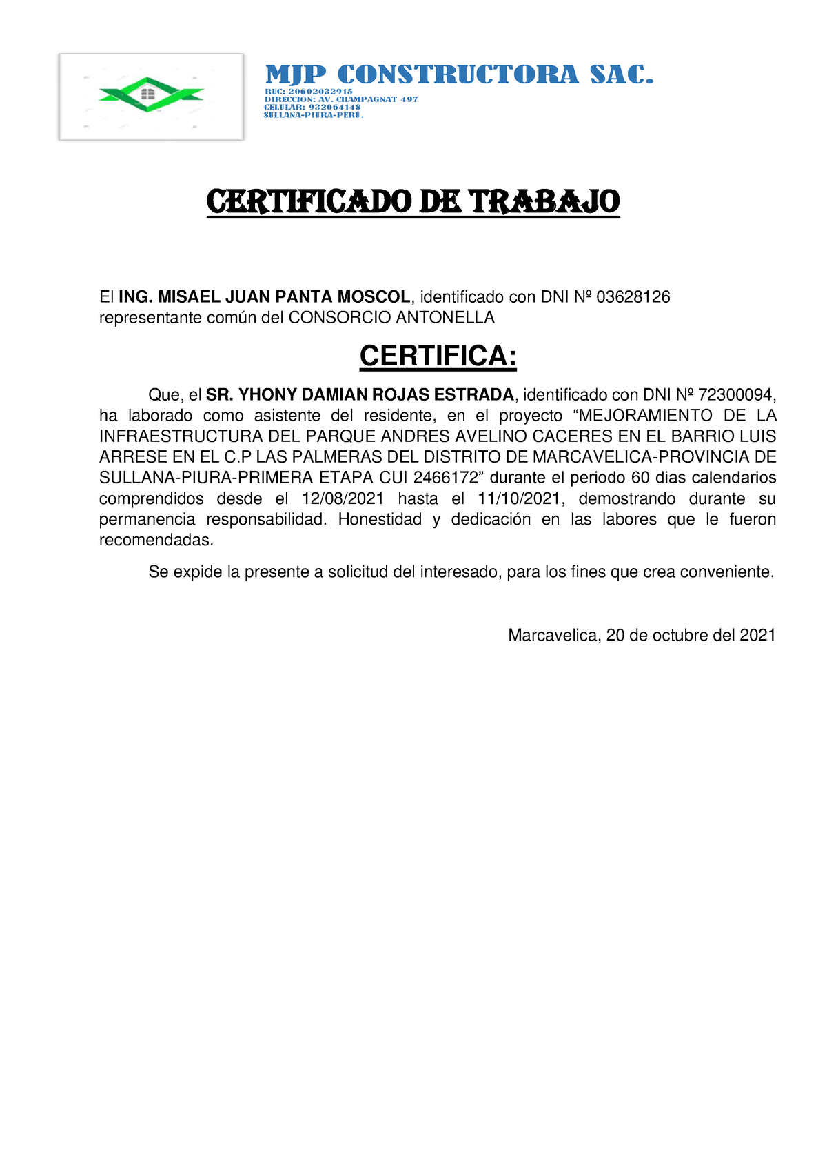 Certificado DE Trabajo - MJP CONSTRUCTORA SAC. RUC ...