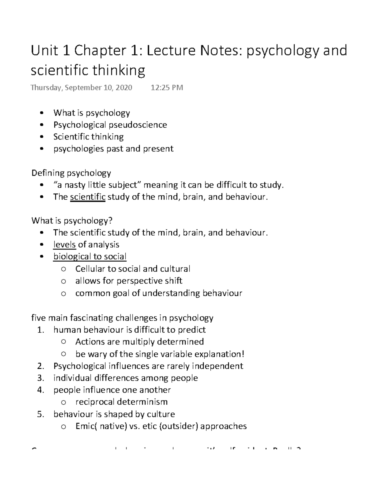 Unit 1 Chapter 1 Lecture Notes psychology and scientific thinking ...