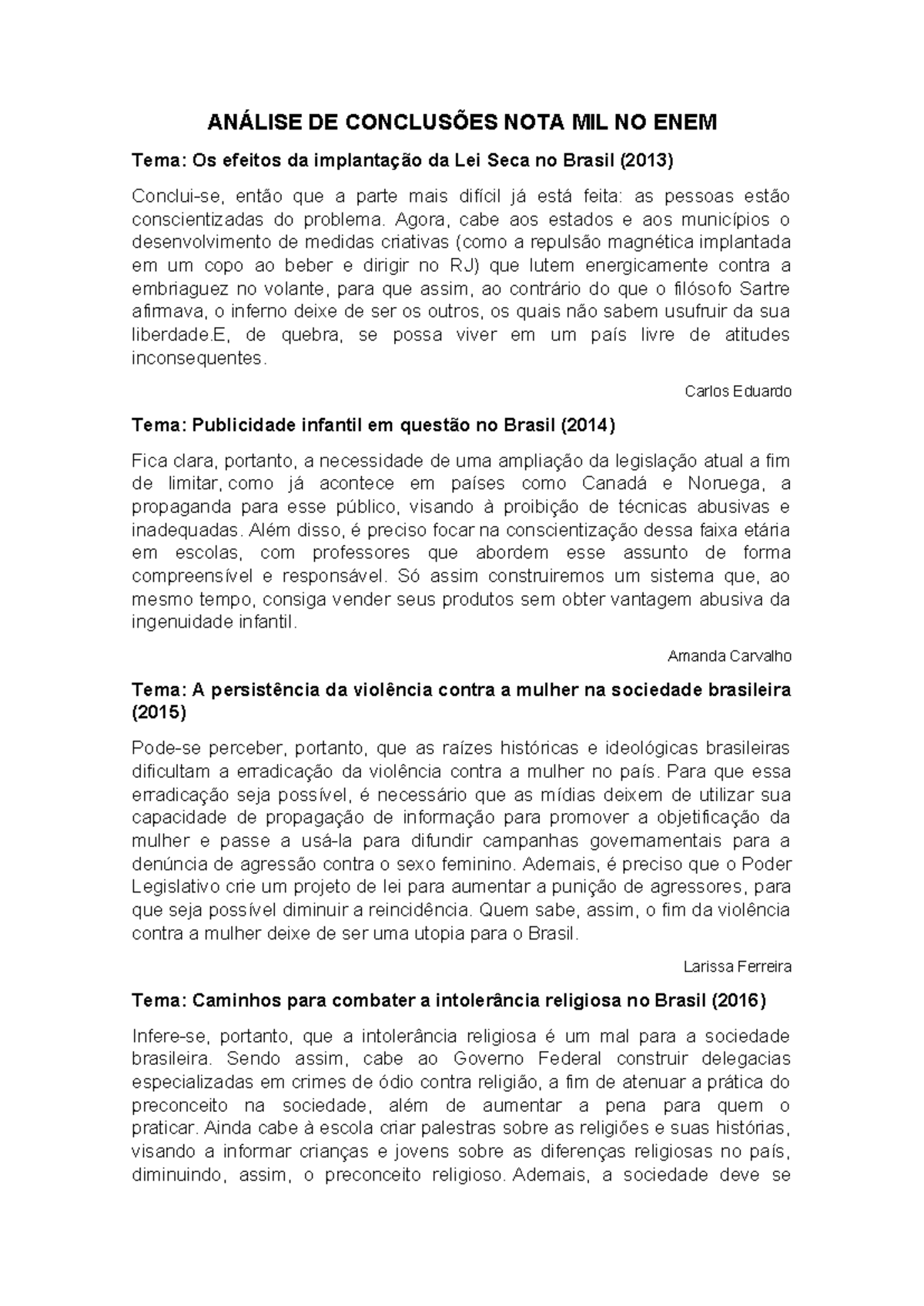 Análise de conclusão nota mil (ENEM) - ANÁLISE DE CONCLUSÕES NOTA MIL ...