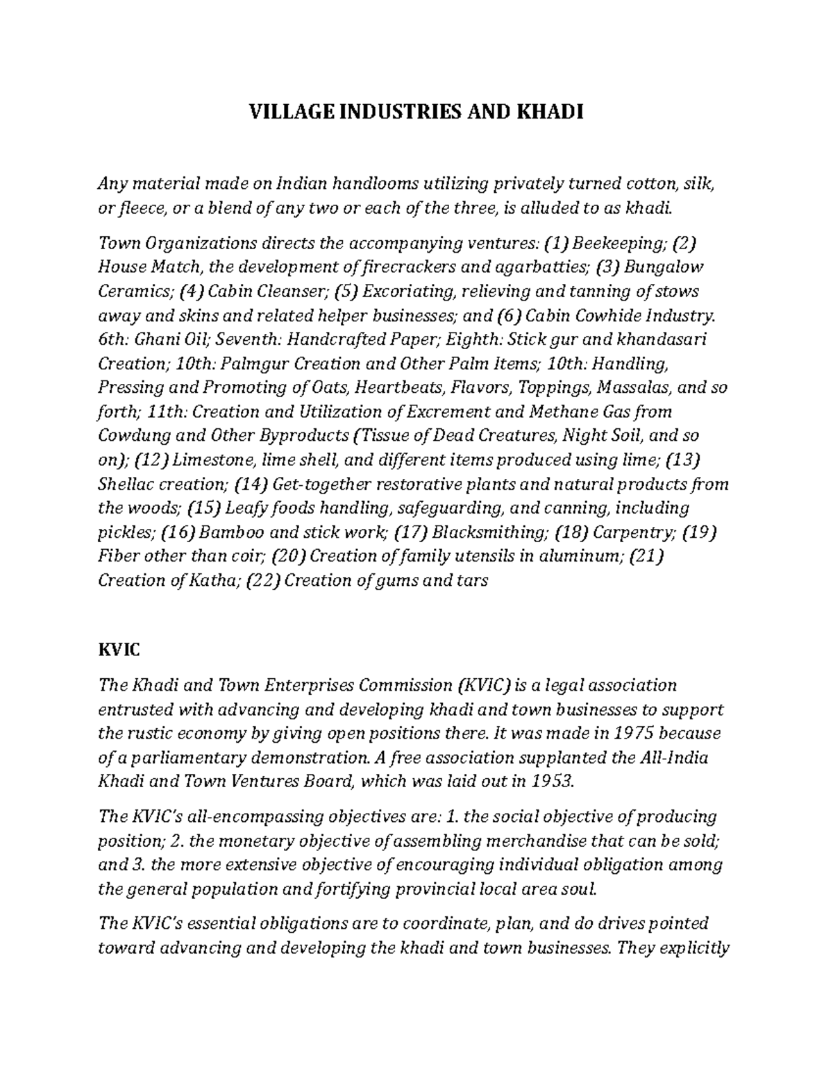 Village Industries AND Khadi VILLAGE INDUSTRIES AND KHADI Any