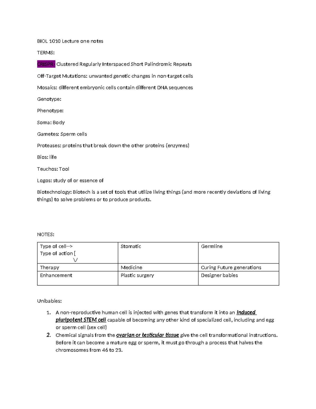 Biol 1010 Lecture One Notes Biol 1010 Lecture One Notes Terms Crispr