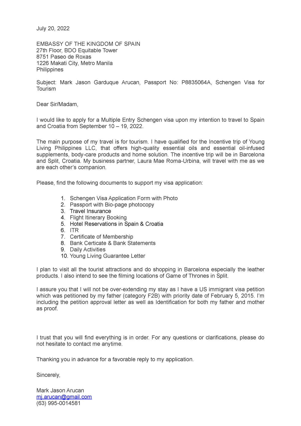 cover letter for spain schengen visa