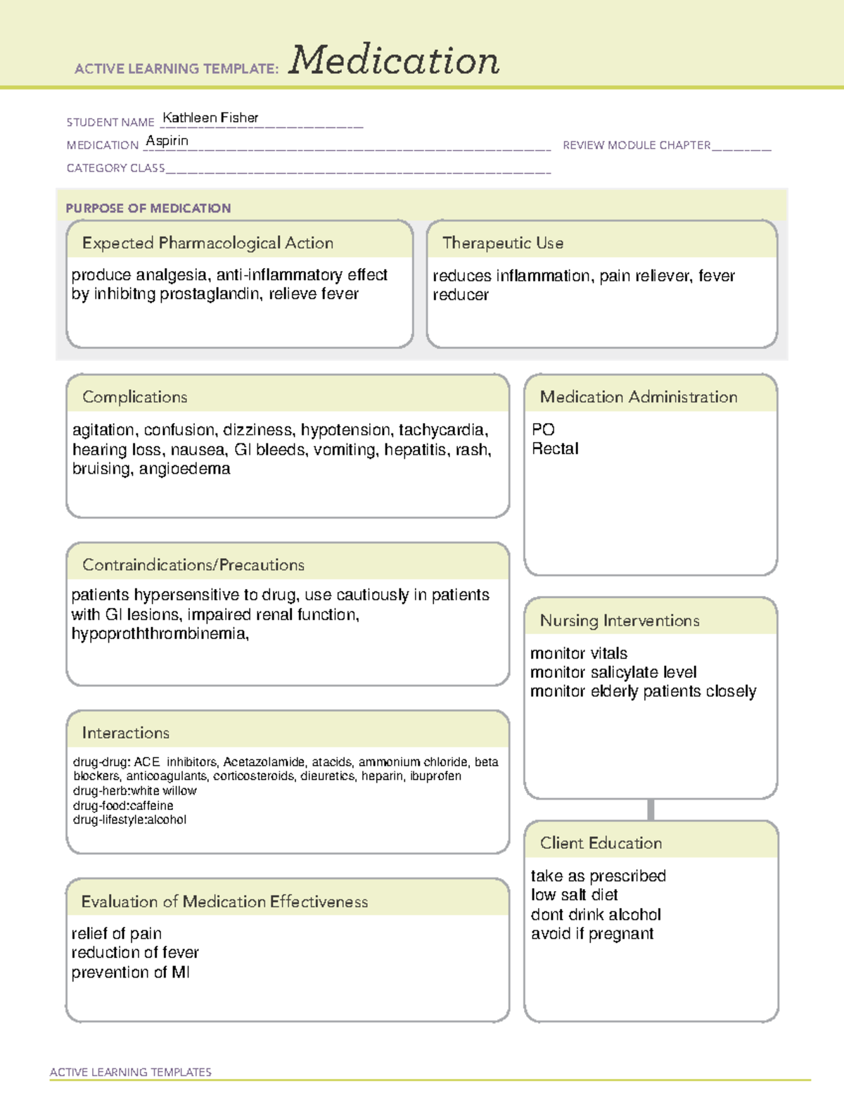 Medtemp aspirin - ACTIVE LEARNING TEMPLATES Medication STUDENT NAME ...