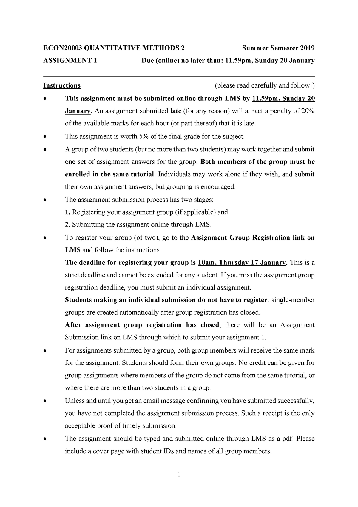 Assignment 2 19SM - ECON20003 QUANTITATIVE METHODS 2 ASSIGNMENT 1 Due ...