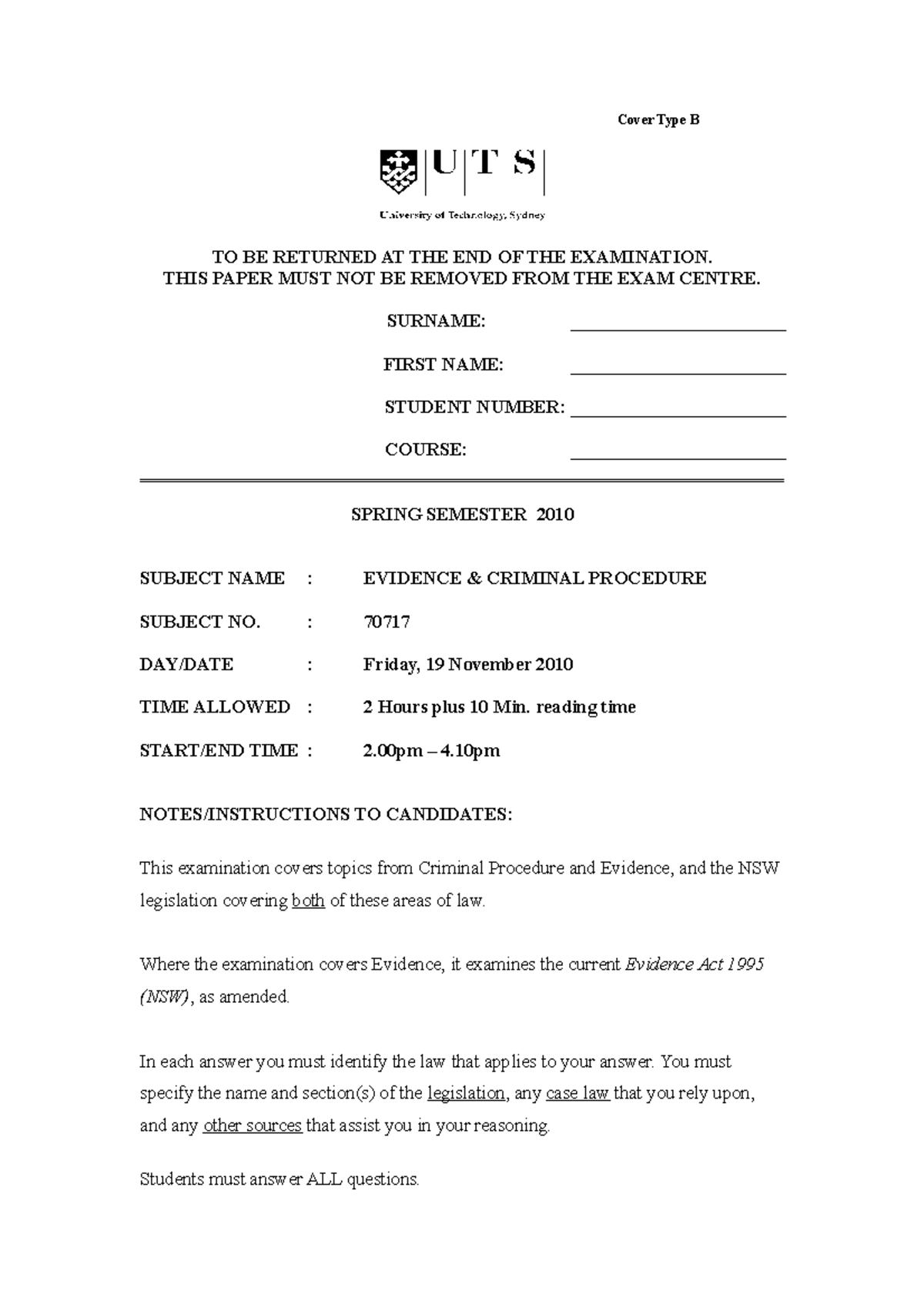 Exam 2010, questions - Cover Type B TO BE RETURNED AT THE END OF THE ...