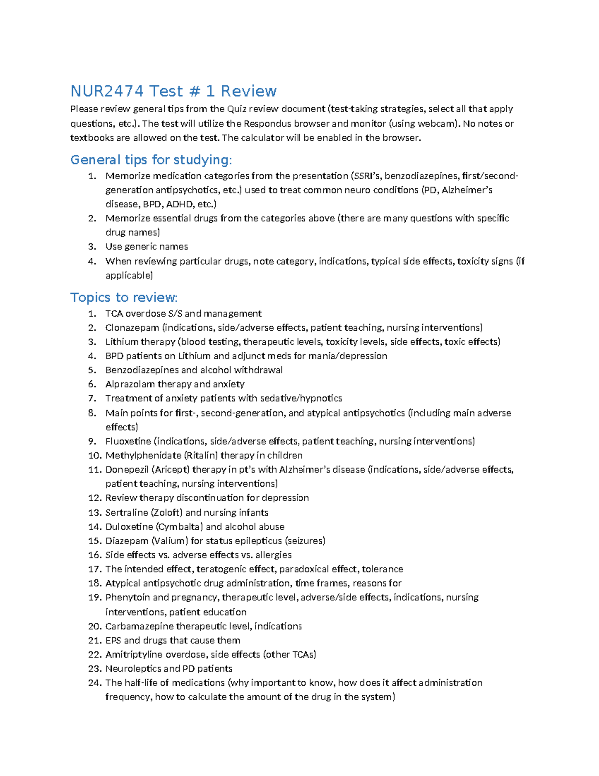 Exam 1 review content - NUR2474 Test # 1 Review Please review general ...
