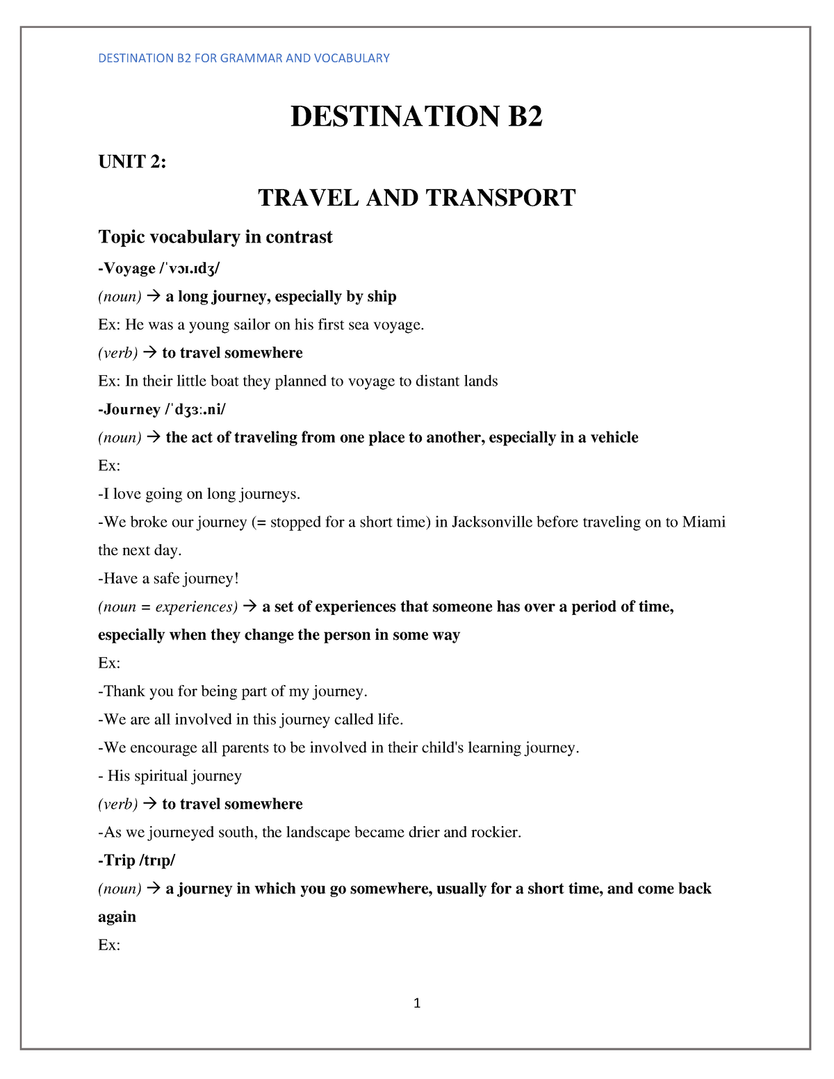 unit 2 travel and transport vocabulary answers
