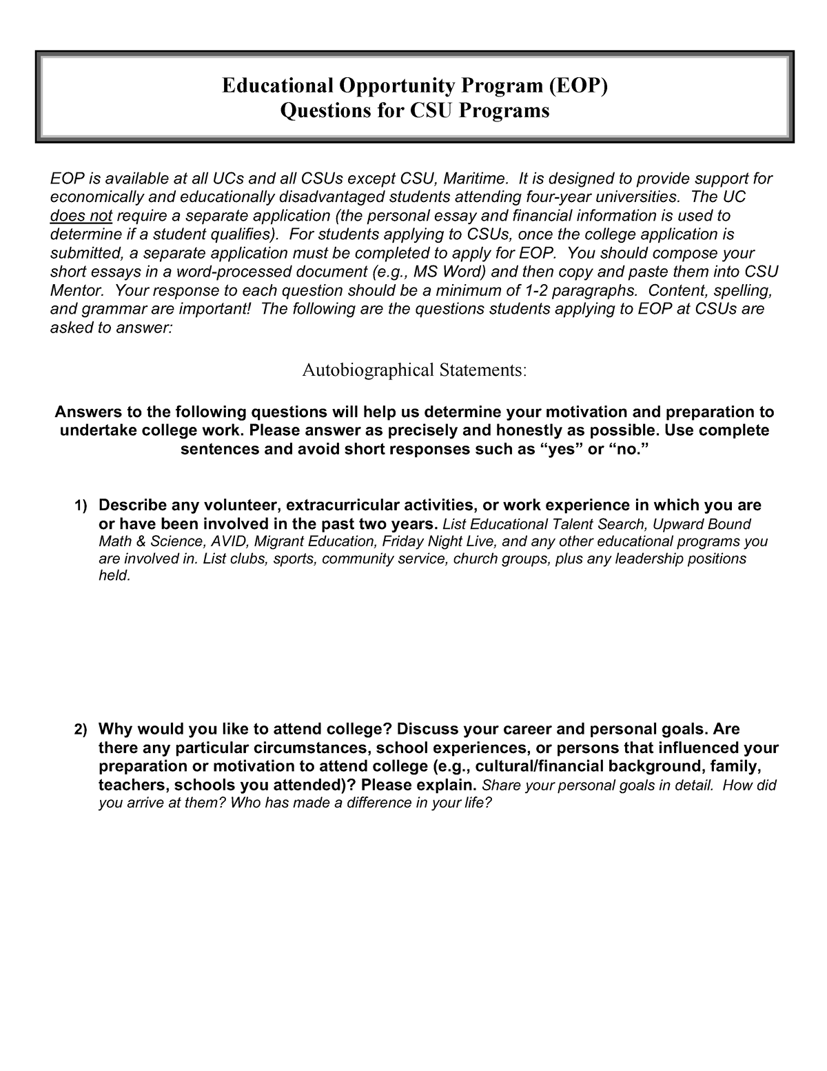 EOP Questions Educational Opportunity Program EOP Questions For CSU 