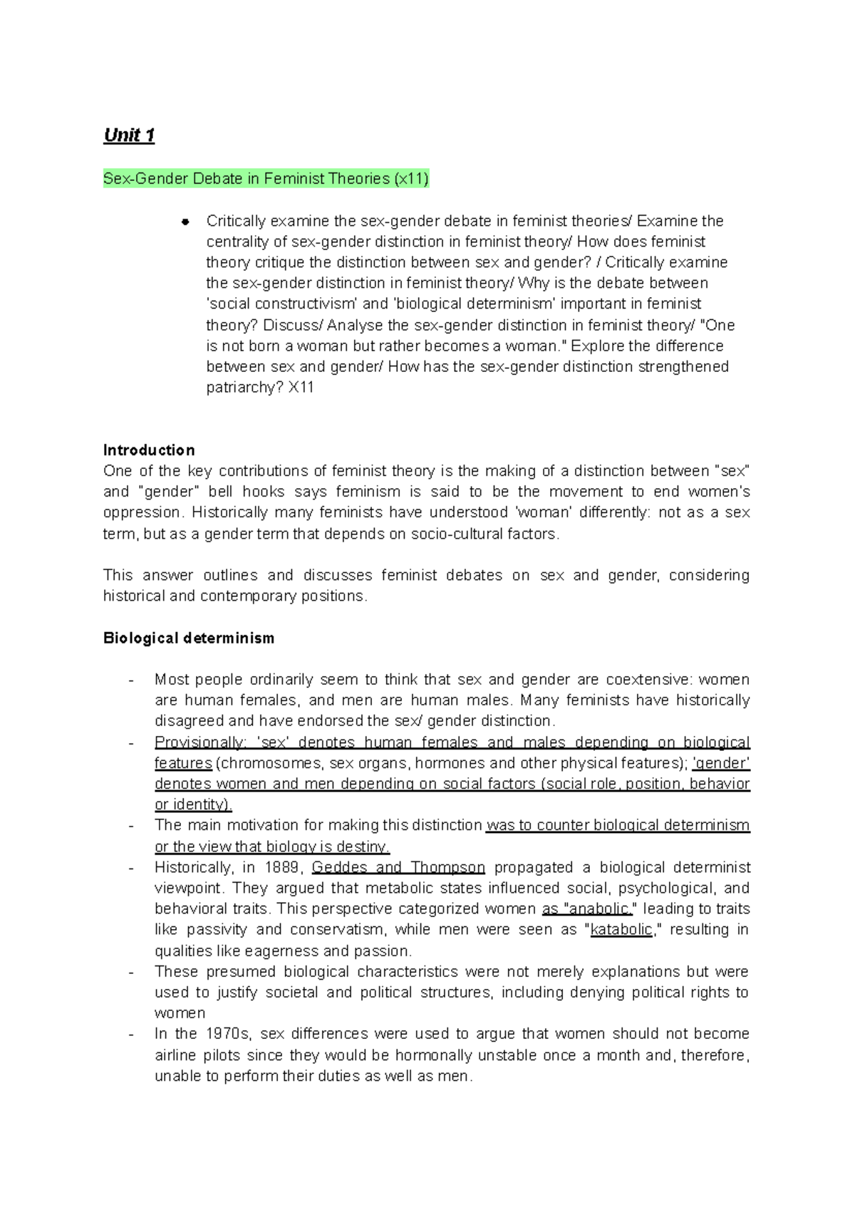 Unit 1 Feminism Prep Doc - Unit 1 Sex-Gender Debate in Feminist ...