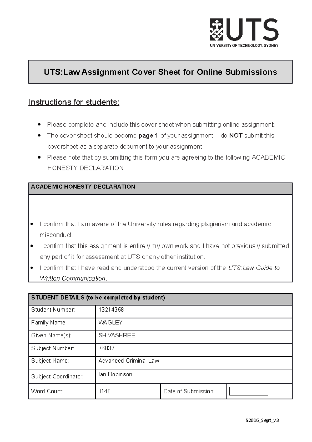 uts law assignment cover sheet for online submissions