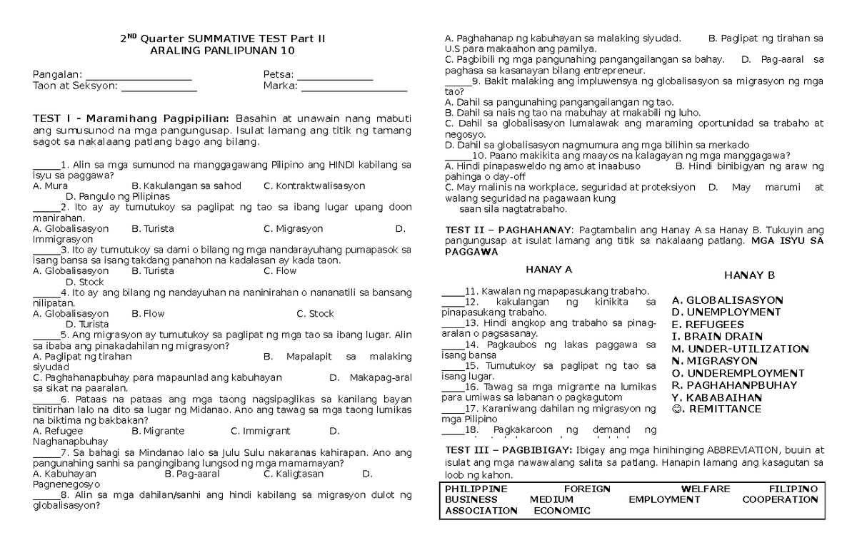 2ND Quarter Summative TEST Part II - 2 ND Quarter SUMMATIVE TEST Part ...