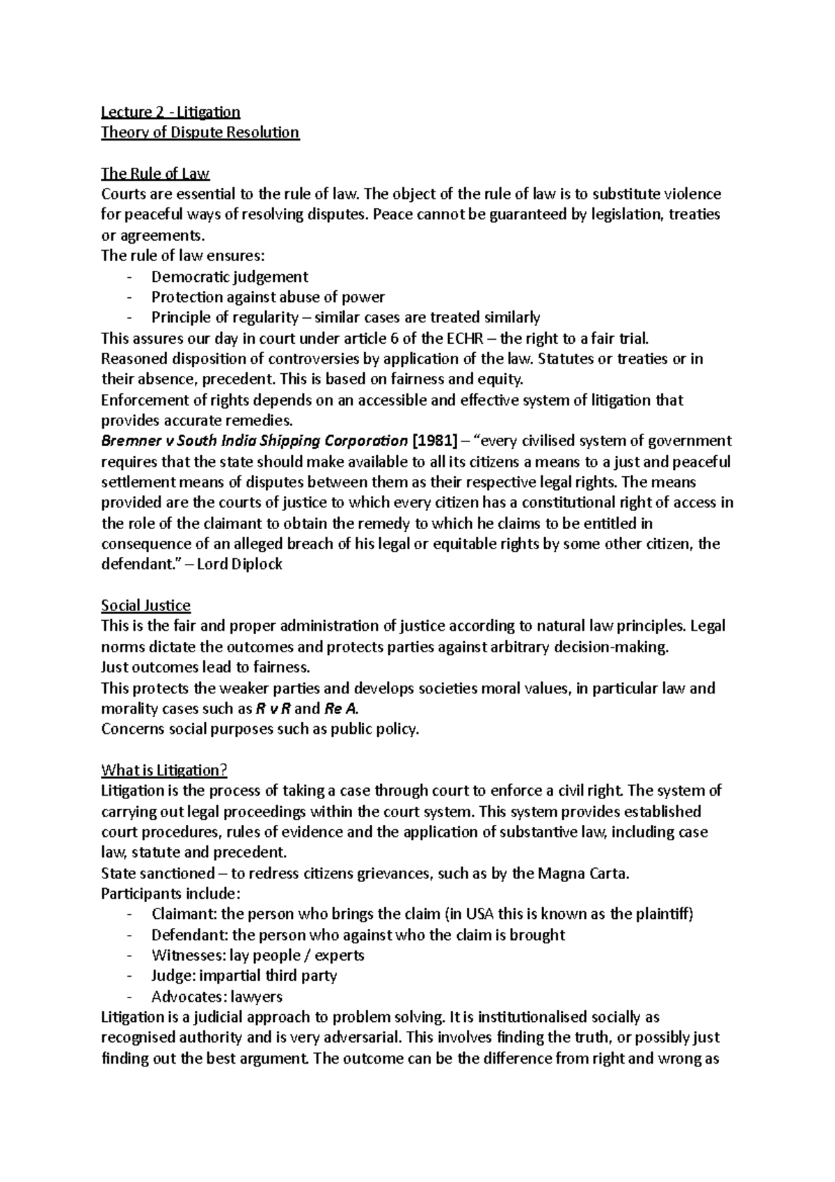 Lecture 2 - Litigation 1 - Lecture 2 - Litigation Theory of Dispute ...