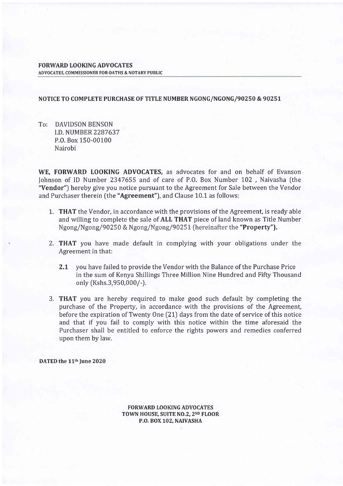 Completion Notice Sample - FORWARD TOOKING ADVOCATES ADVOCATES ...