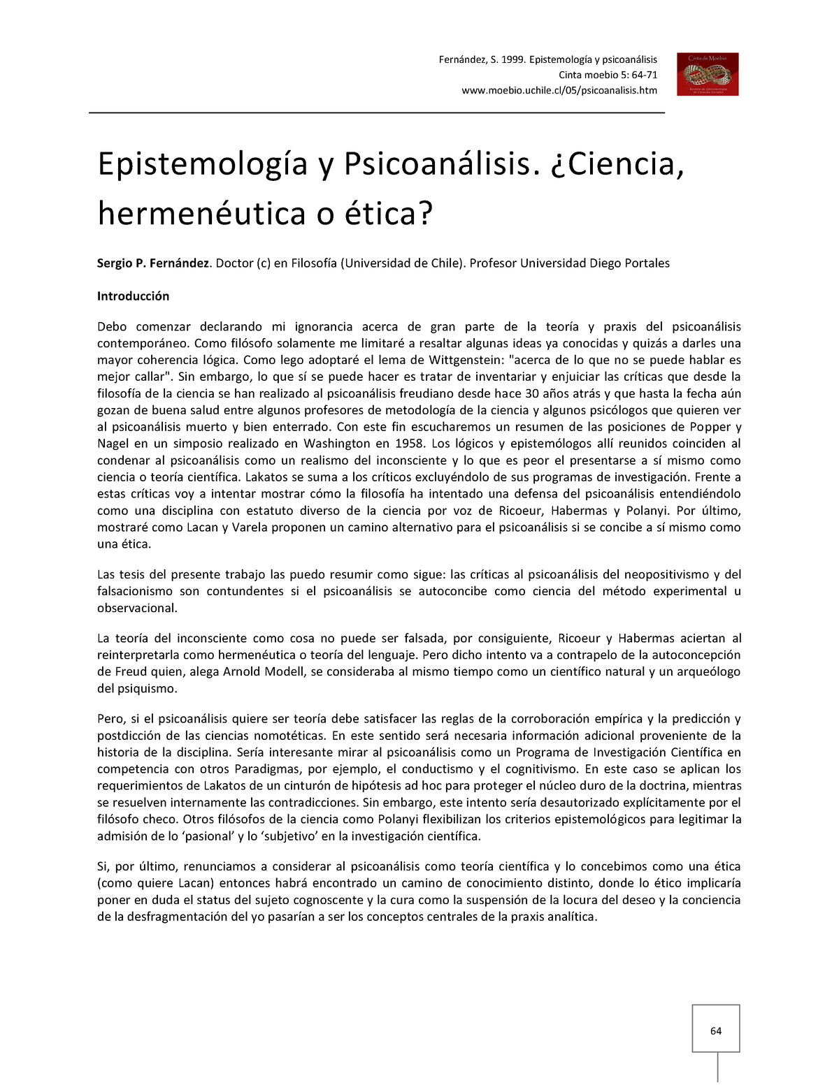 Epistemología Y Psicoanálisis - Cinta Moebio 5: 64- Moebio.uchile/05 ...