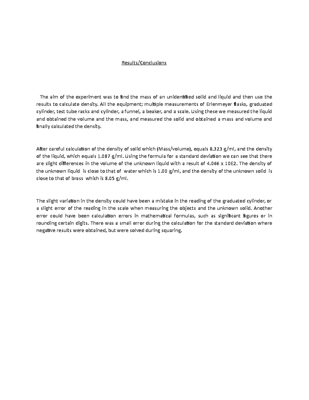 Conclusions for chem lab Results/Conclusions The aim of the