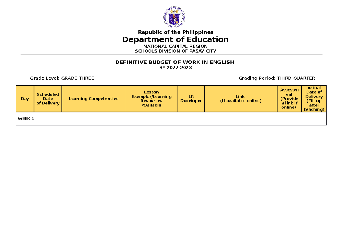 Definitive Budget of Work Grade 3 - Republic of the Philippines ...