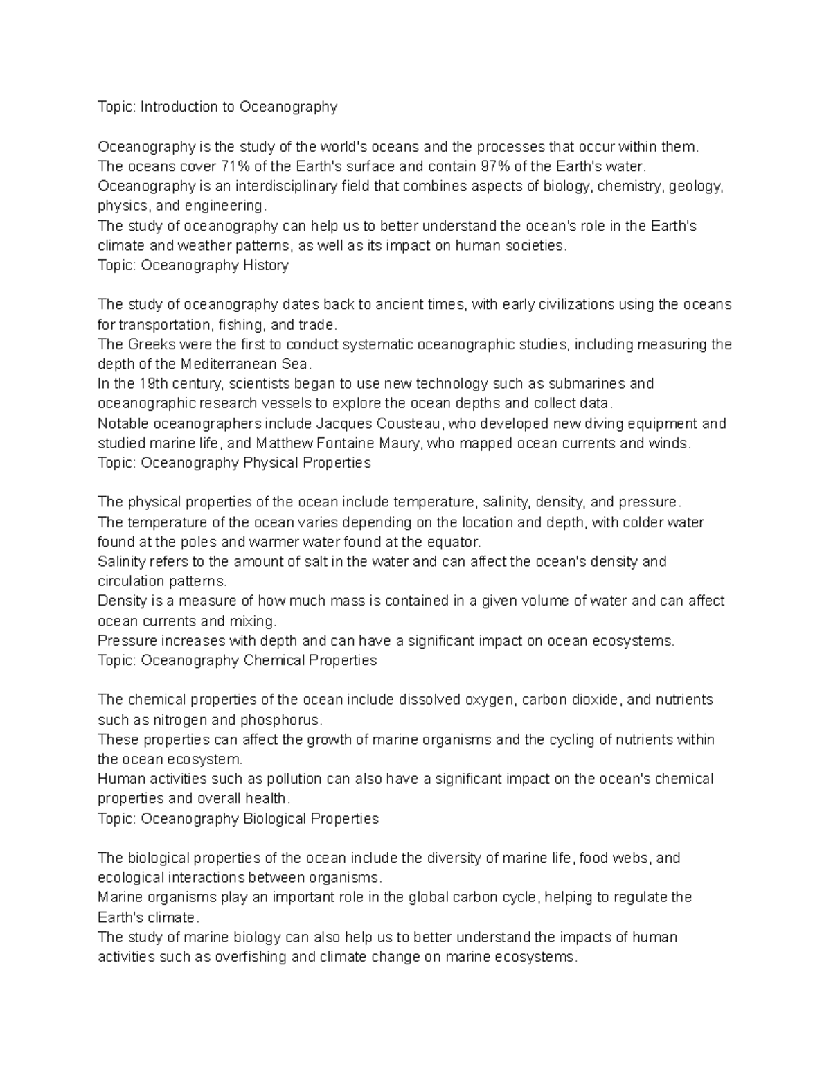 Introduction to Oceanography 1 Topic Introduction to Oceanography