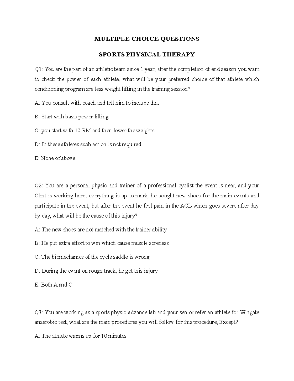 Sports Physical Therapy MCQS MULTIPLE CHOICE QUESTIONS SPORTS