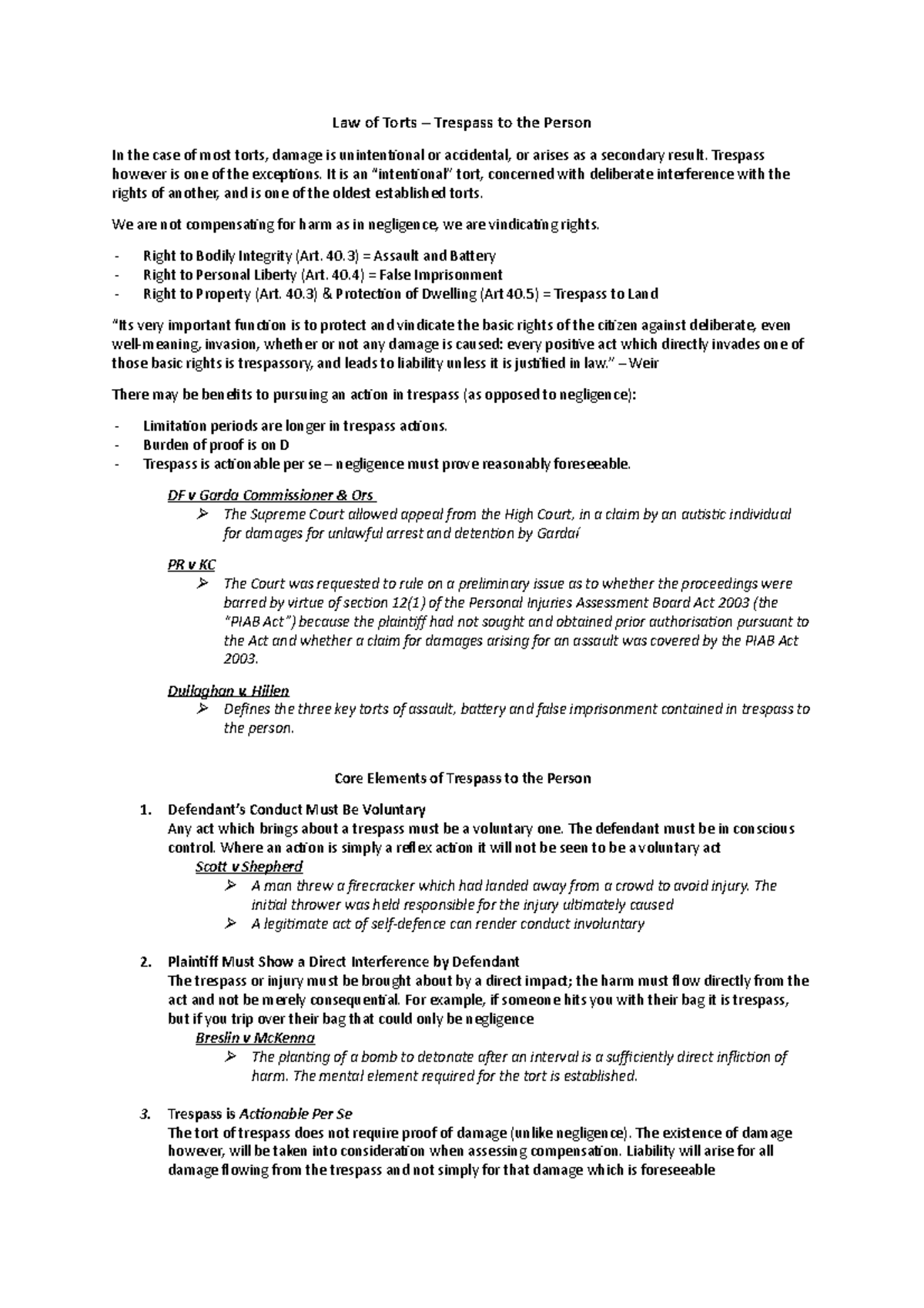 Torts 2 - Trespass to the Person - Law of Torts – Trespass to the ...