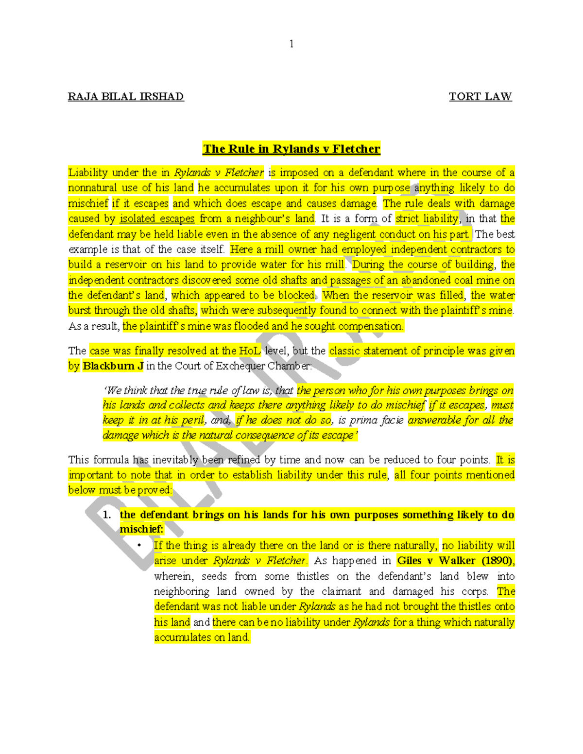 Rylands v Fletcher - Tort Law R and F - RAJA BILAL IRSHAD TORT LAW The ...