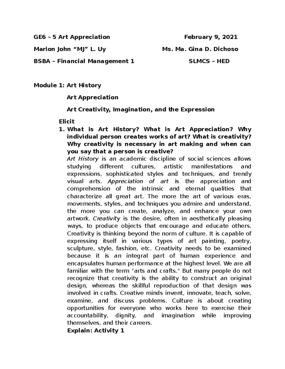 M13 Art Appreciation The Art History GE6 5 Art Appreciation
