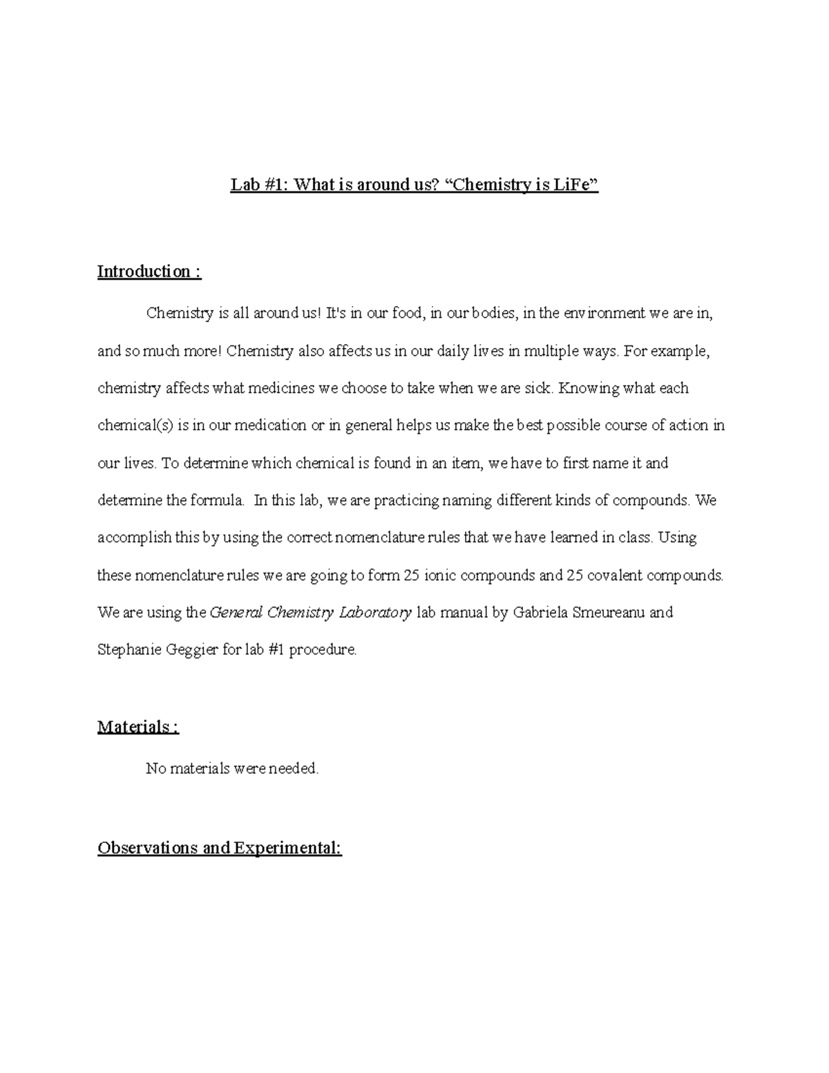 Lab 1 Report2 Lab 1 Chemistry is LiFe Lab 1 What is around