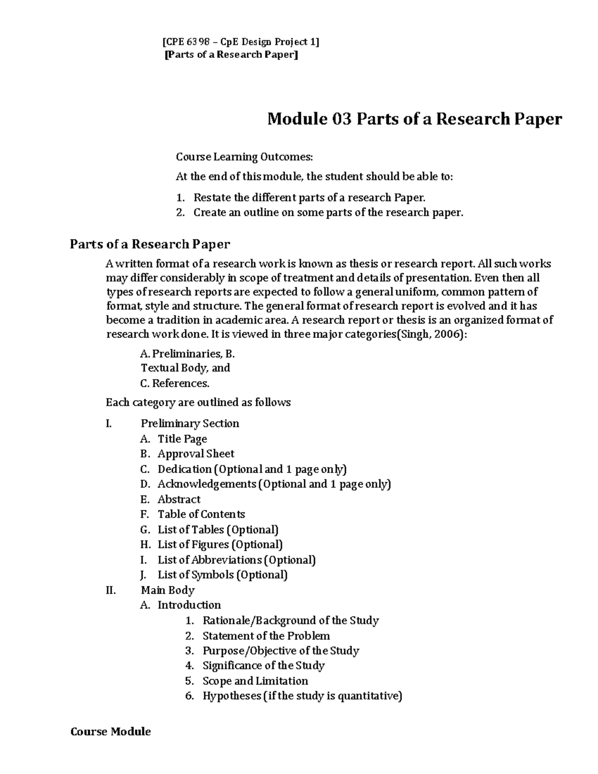 parts for a research paper