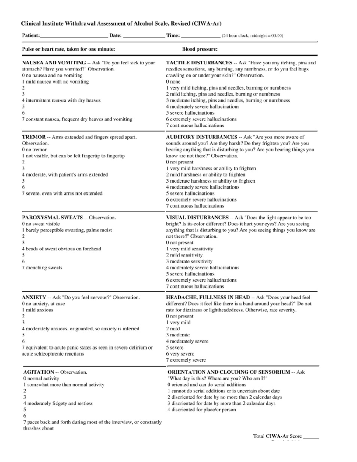 CIWA-AR - ciwa - NURS 358 - Studocu