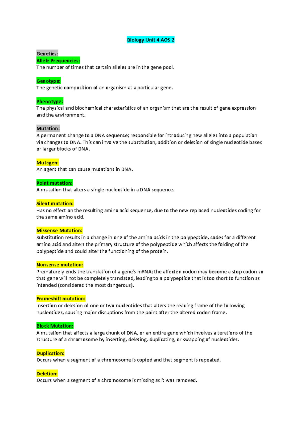 Biology AOS 4 - Biology Unit 4 AOS 2 Genetics: Allele Frequencies: The ...