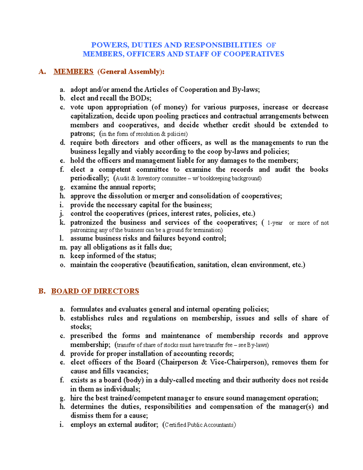 Duties AND Responsibilities of the GA, Officers & Committees of the