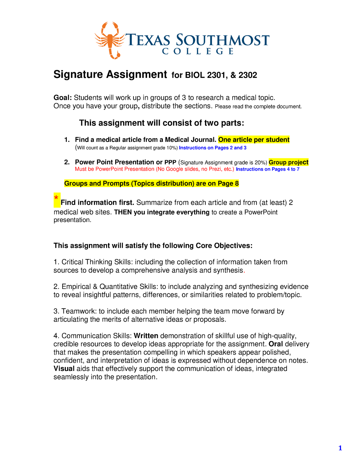 what is a signature assignment in college