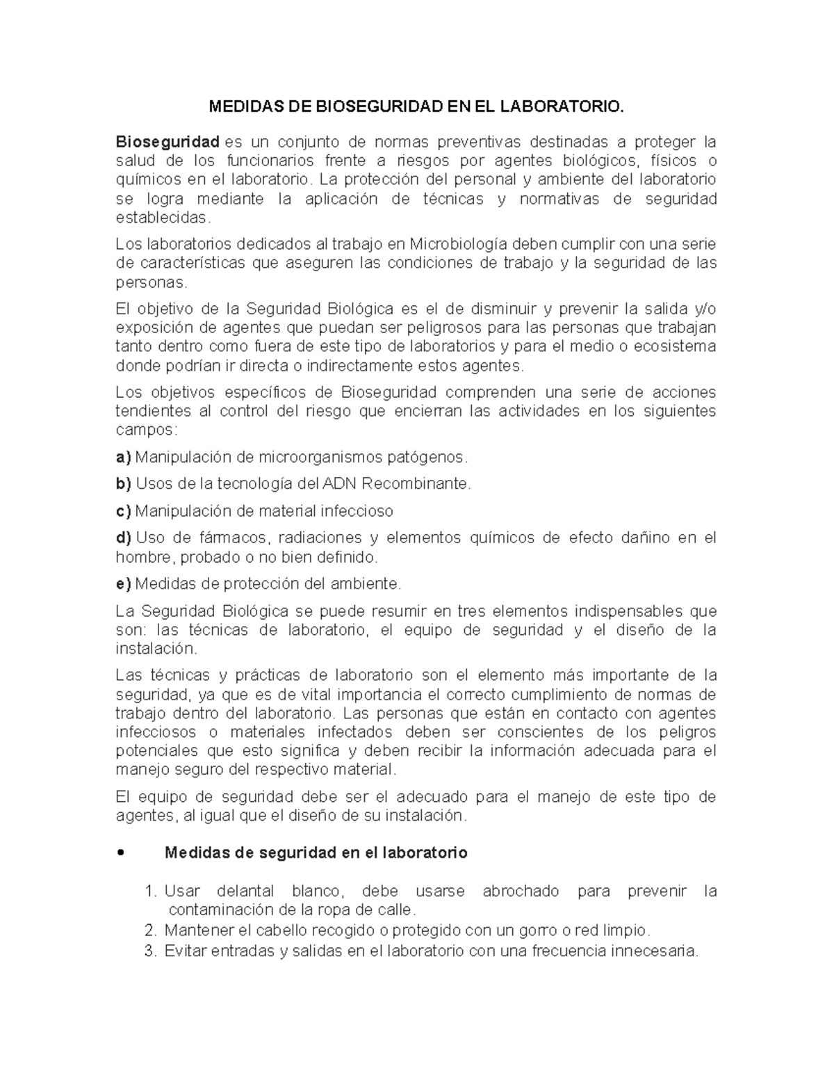 Medidas DE Bioseguridad EN EL Laboratorio - MEDIDAS DE BIOSEGURIDAD EN ...