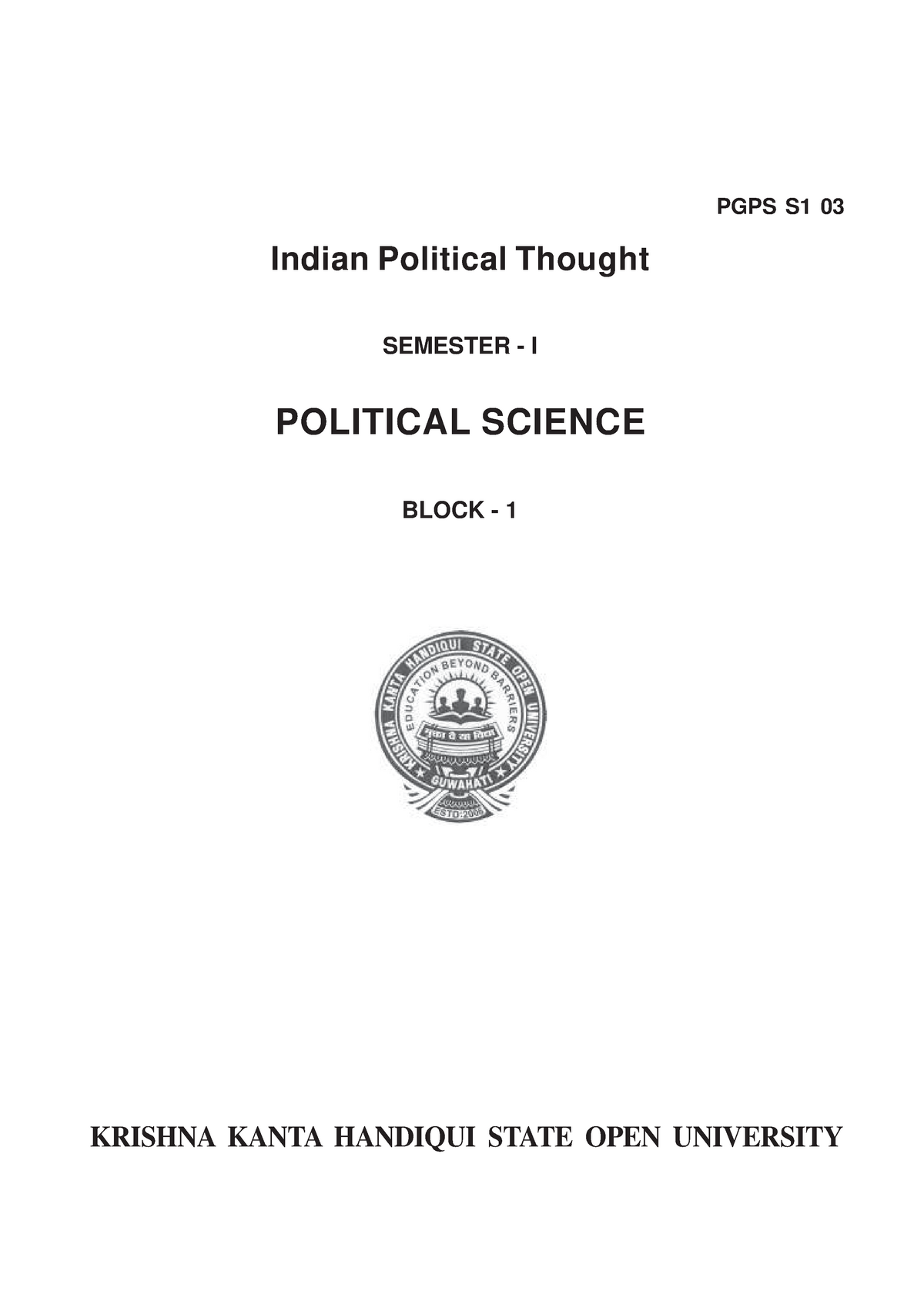 Indian Political Thought Block 1 - PGPS S1 03 Indian Political Thought ...