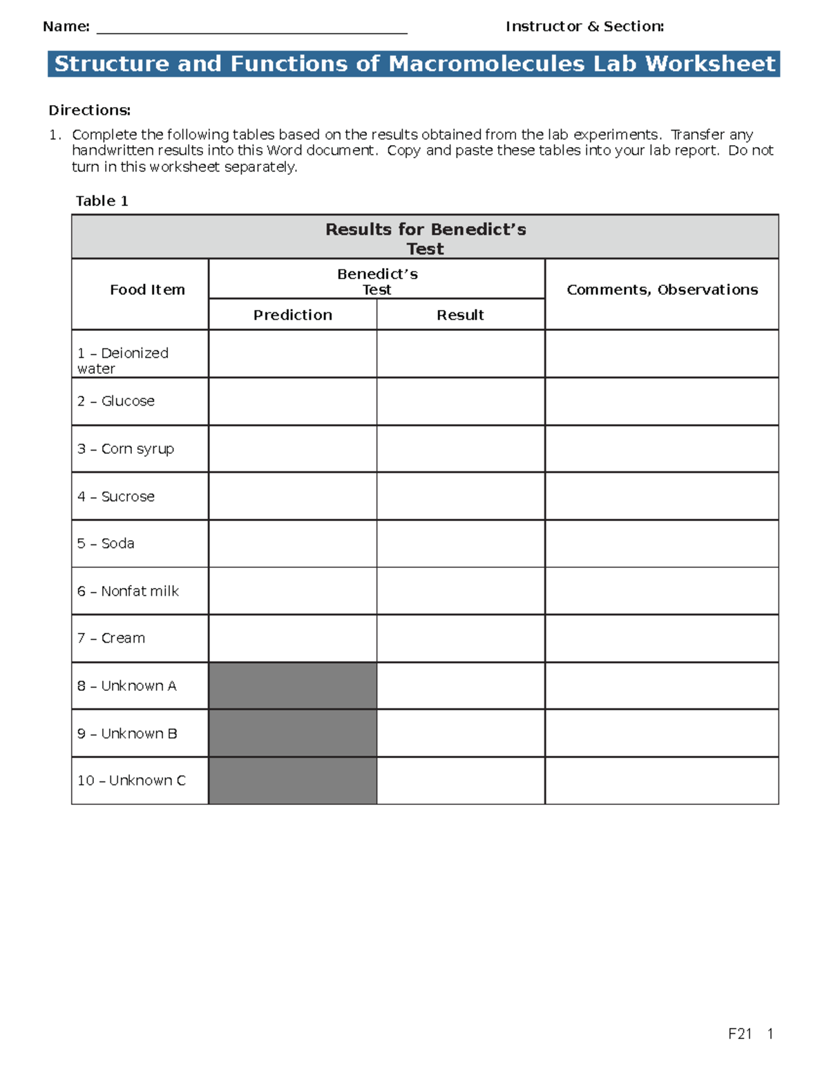 3 Macromolecules worksheet F21 - Directions: Complete the following ...