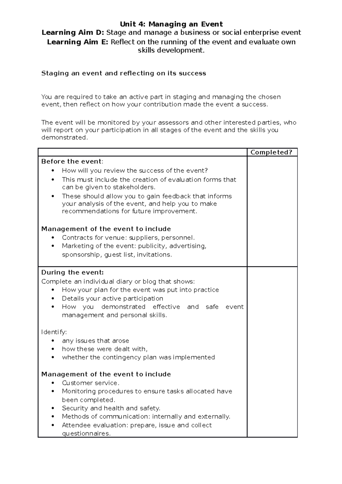 Learning aim D E Ticklist-2 - Unit 4: Managing an Event Learning Aim D ...