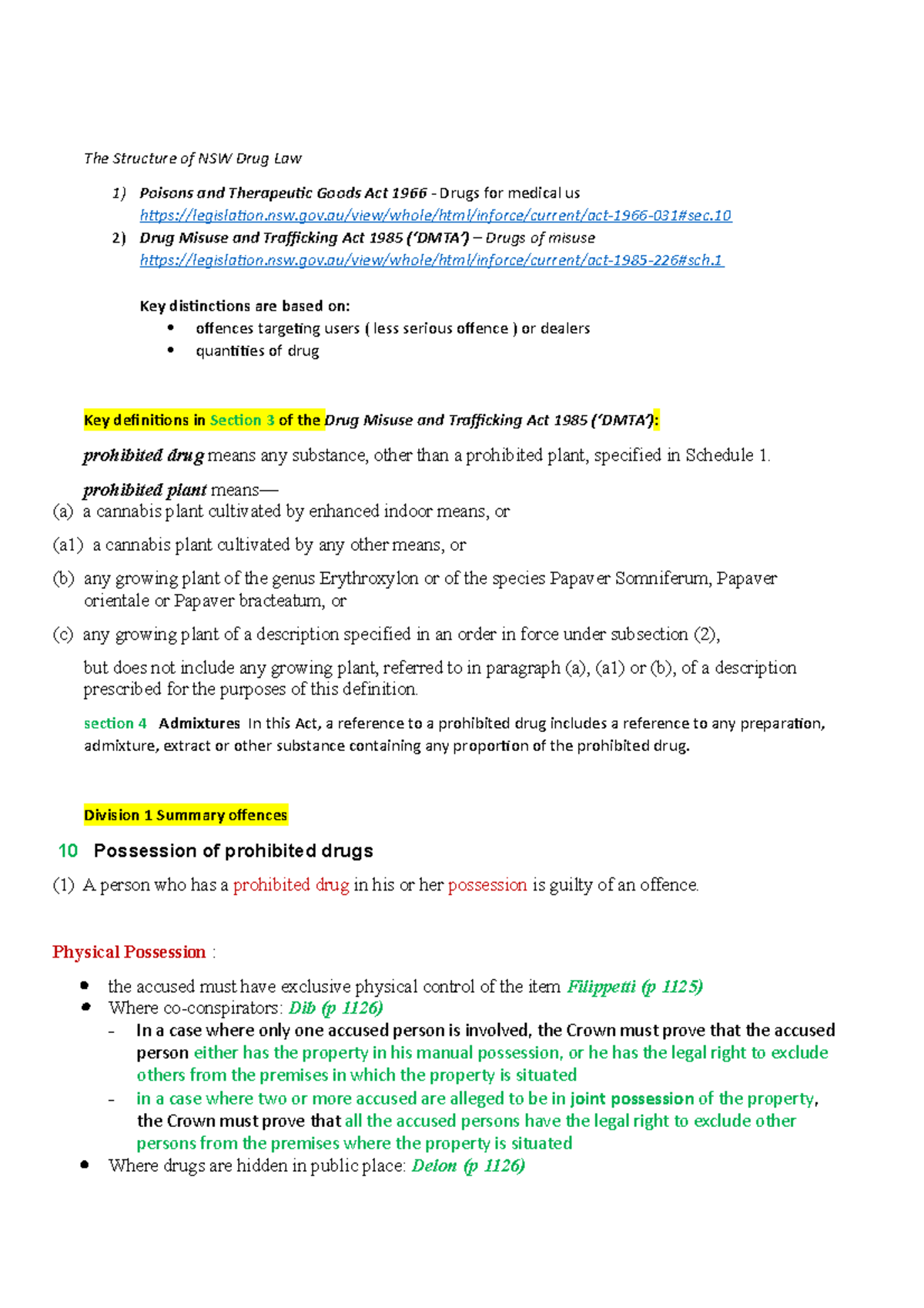 W2 lecture and reading notes - The Structure of NSW Drug Law 1) Poisons ...