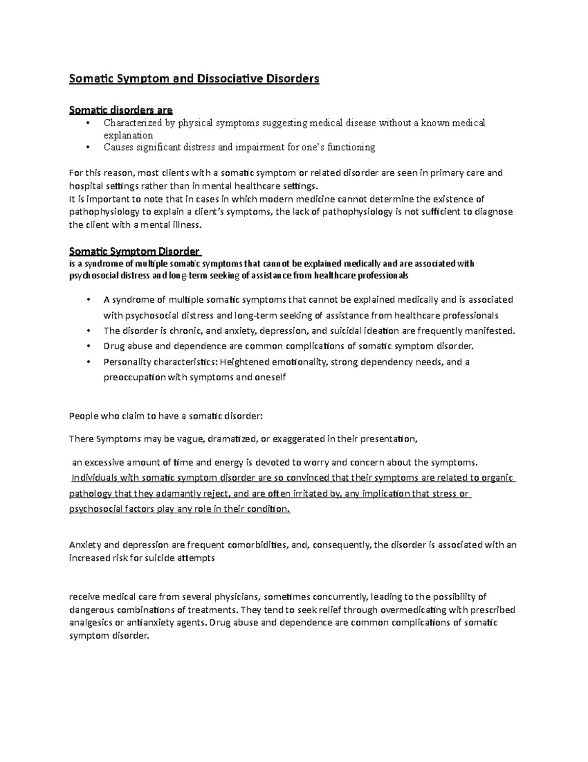 MH exam 3 - Mental health notes - Somatic Symptom and Dissociative ...