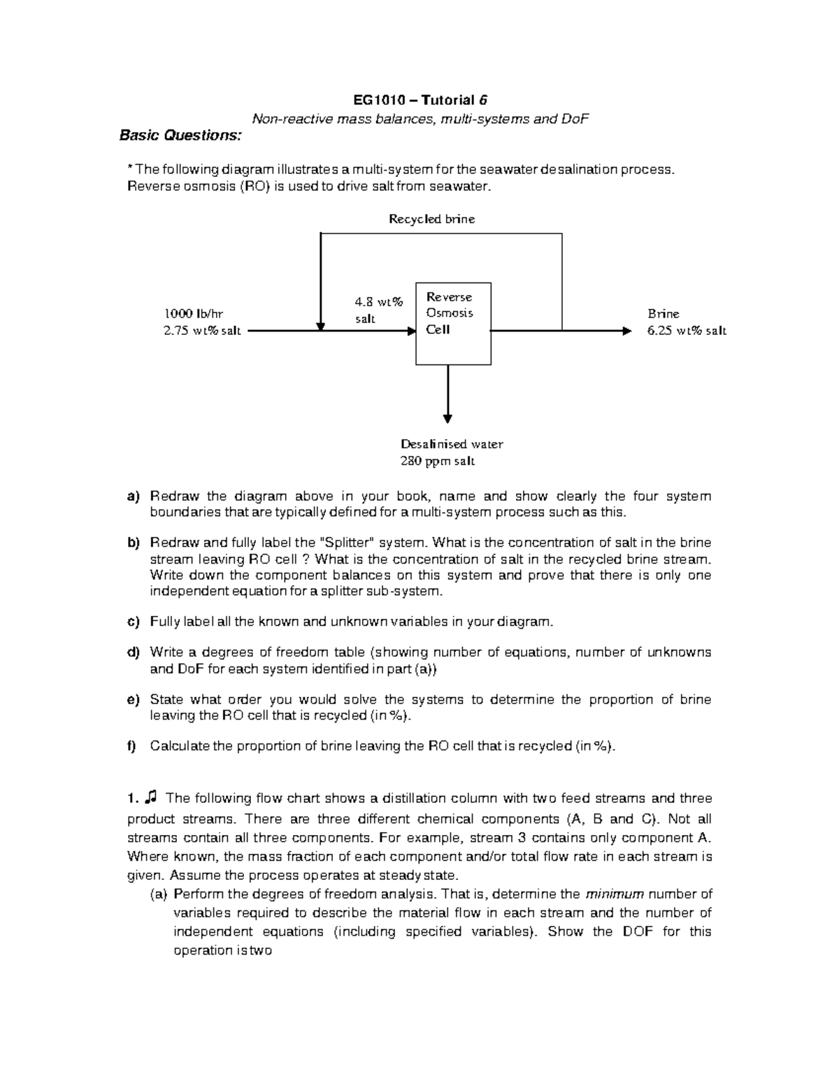 EG1010 - Tutorial Work and Questions - EG1010 – Tutorial 6 Non-reactive ...