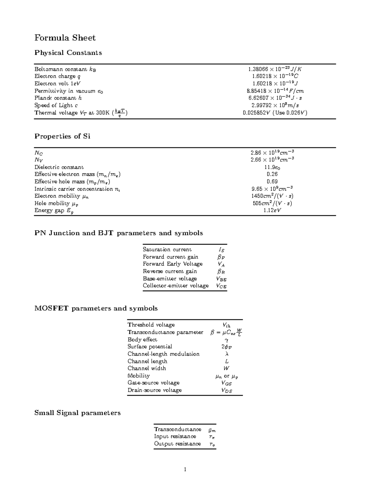 Formula sheet - Formula Sheet Physical Constants Boltzmann constant kB ...