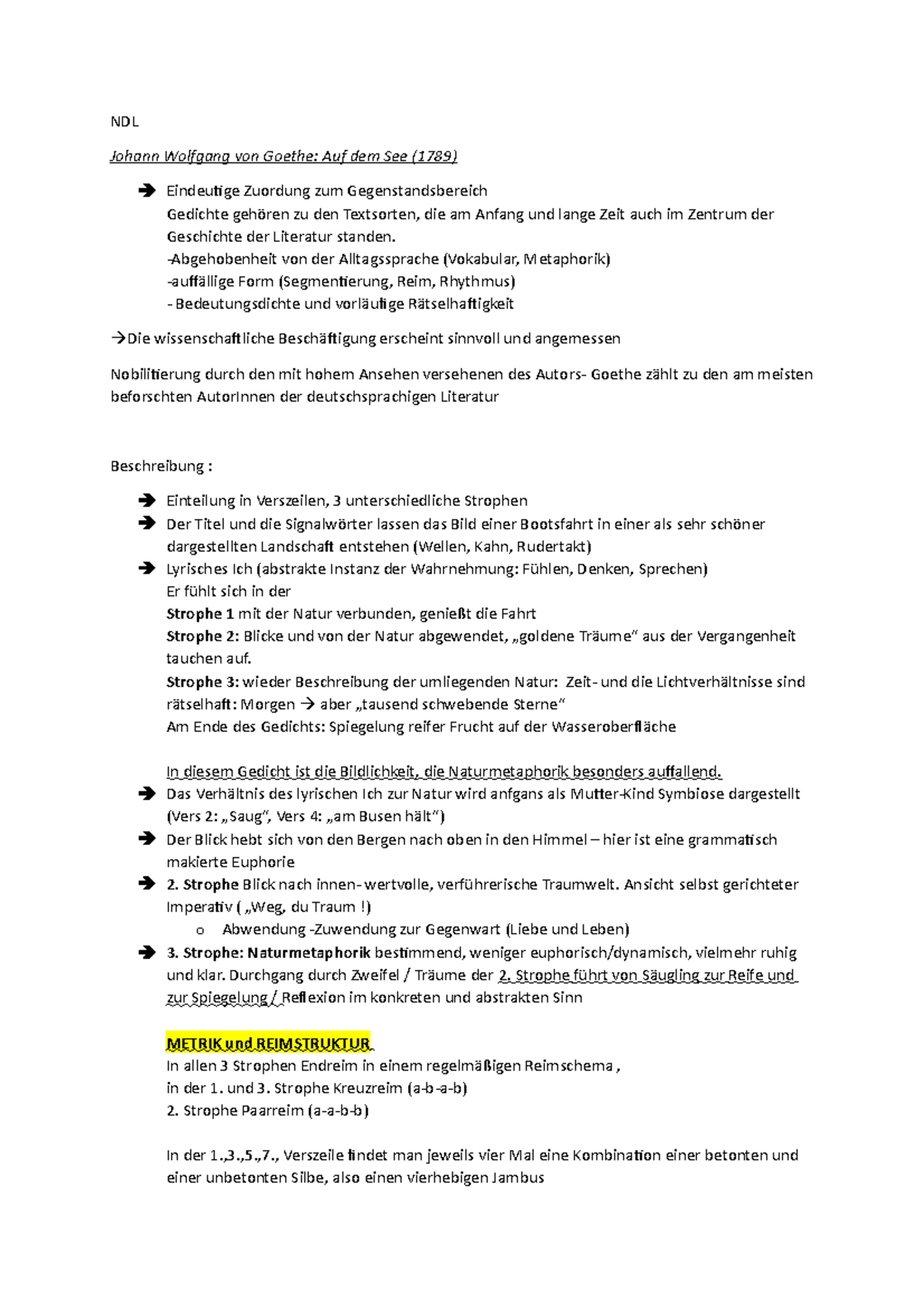 Auf Dem See Goethe Analyse AUF dem SEE - Mitschrift - NDL Johann Wolfgang von Goethe: Auf dem See