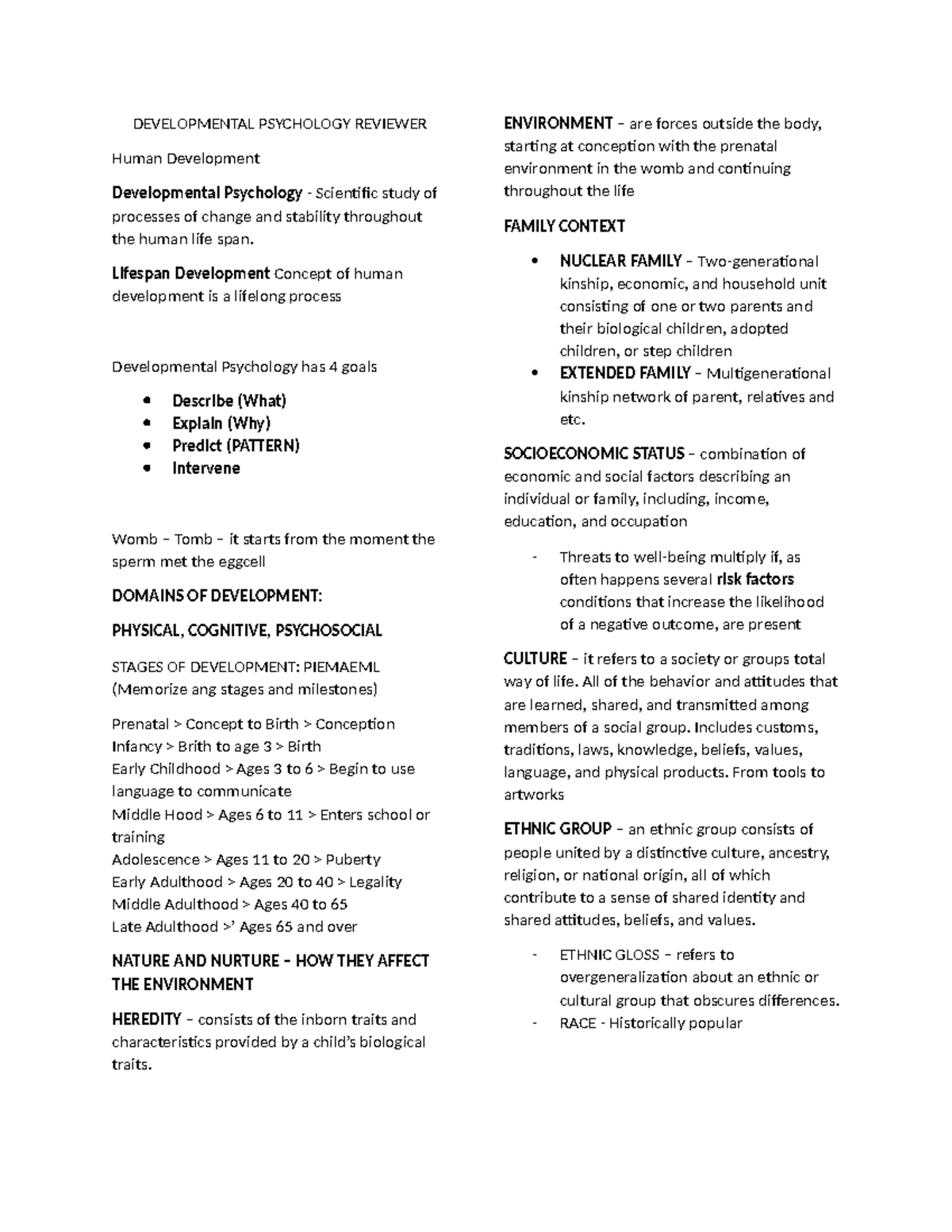 DEVP-2ND-WEEk - Lectures - DEVELOPMENTAL PSYCHOLOGY REVIEWER Human ...