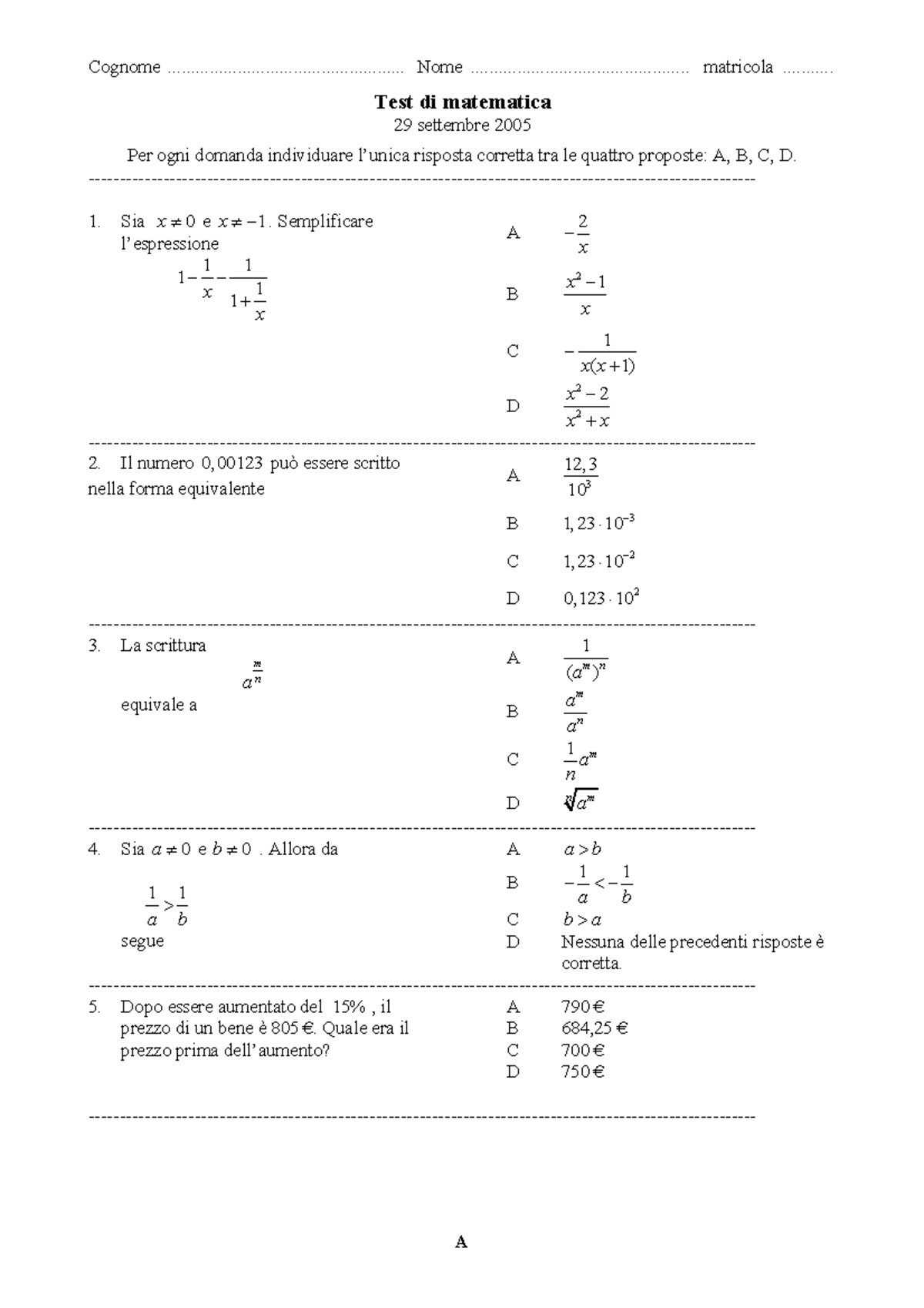 test ingresso matematica prima media