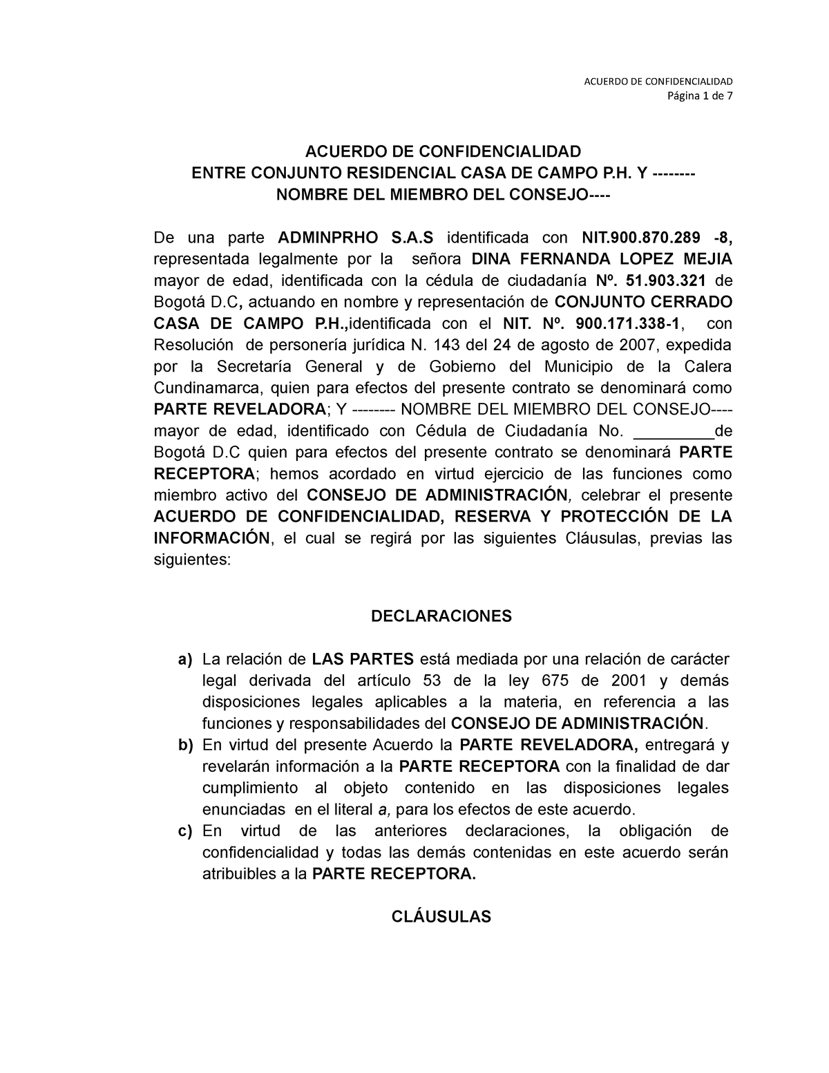 Acuerdo DE Confidencialidad Miembros DEL Consejo. - Página 1 De 7 ...