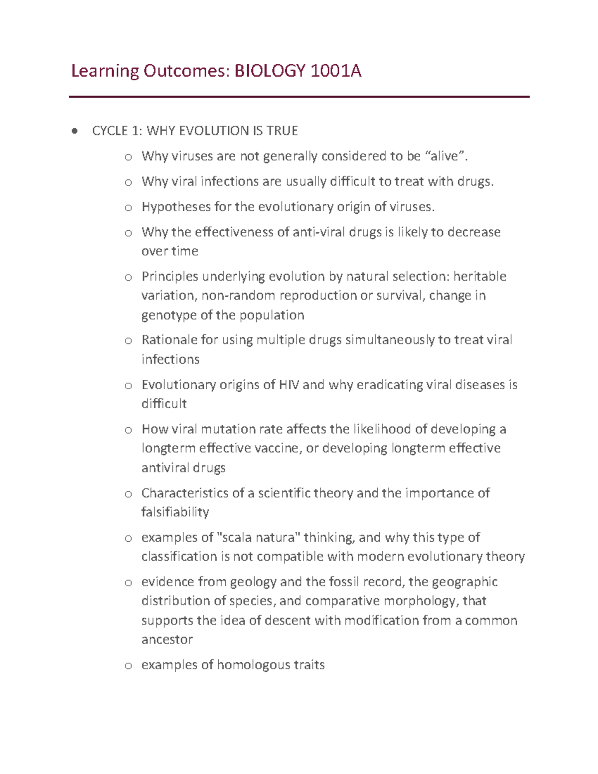 Biology 1001A - Learning Outcomes - Learning Outcomes: BIOLOGY 1001A ...