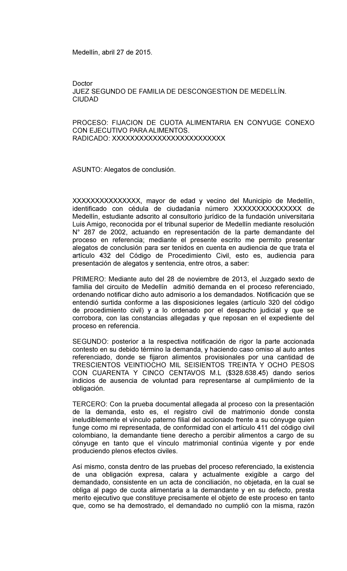 70 Modelo DE Alegatos DE Conclusion - Medellín, abril 27 de 2015 ...