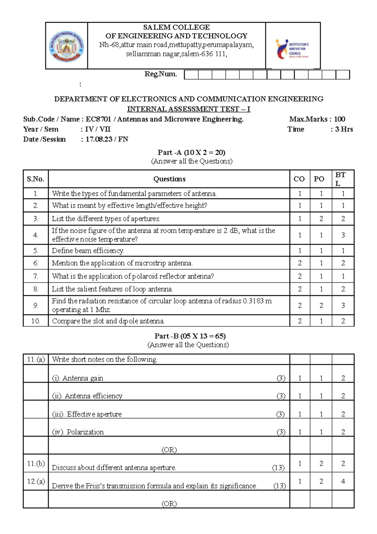 IAT-1 AME QP..docx 09 - QUESTION PAPER - SALEM COLLEGE OF ENGINEERING ...