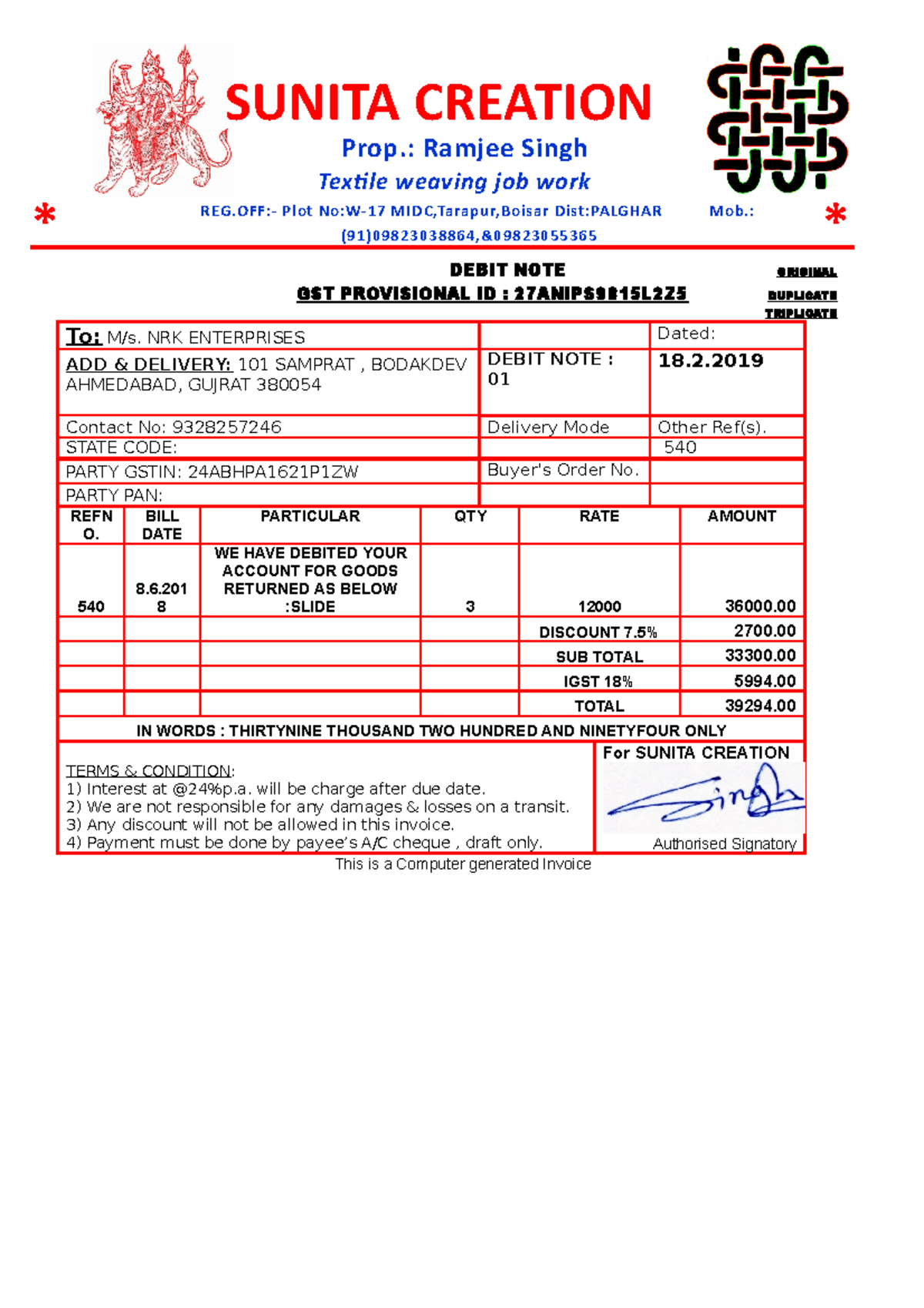 Debit NOTE - acch - DEBIT NOTE ORIGINAL GST PROVISIONAL ID ...